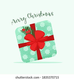 Merry Christmas poster with gift box. Cute vector illustration in flat style