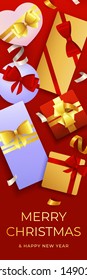 Merry Christmas poster with gift boxes. Red vertical background with confetti. Lettering can be used for invitation, giftcard, brochure