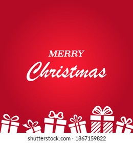 Afiche navideño con cajas de regalo. Texto blanco en una ilustración de un vector de fondo rojo