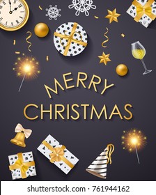 Merry Christmas poster with gift boxes with ribbons, bell with bow, bright sparklers, vintage clocks, gold decorations and glass of champagne vector illustration.