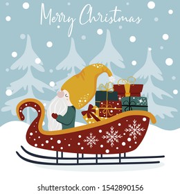 merry christmas poster with a gnome in a sleigh - vector illustration, eps