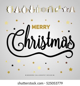 Merry Christmas poster. Gold stars glittering lettering design with papercit icons. Concept surprise illustration. Vector EPS 10