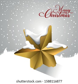 Merry christmas poster with a golden star and snow - Vector