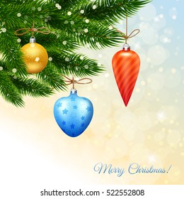 Merry Christmas poster with green fir branches colorful balls on light blurred background vector illustration