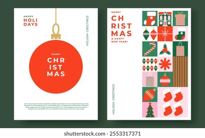 Cartel de Navidades alegres, Anuncio de felicitación, tarjeta, cubierta, en estilo geométrico moderno en colores verdes, rojos, rosados para saludos de temporada, anuncios, ventas, impresión. Plantillas de diseño de diseño de Navidad de moda	