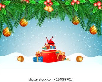 Merry Christmas poster or greeting card design with illustration of gift sack and santa clause on winter landscape background decorated with festival elements.
