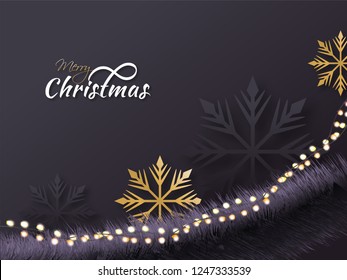 Merry Christmas poster or greeting card design decorated with snowflakes and lighting garlands.