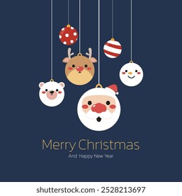 Merry Christmas poster. Merry Christmas greeting card, Christmas balls, vector illustration. Cute Christmas character cartoon.