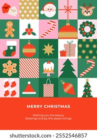 Merry Christmas poster, greeting card, banner, cover in trendy geometric minimalist style with simple Xmas icons.	