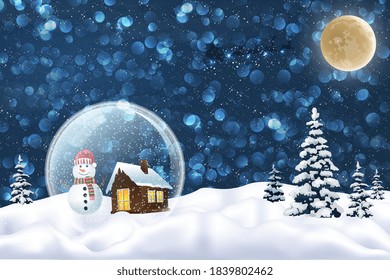 Merry christmas poster with greeting snow man in realistic transparent Christmas balls. Winter holidays landscape. Background with snowman, houses, Santa driving his sleigh. Vector illustration.