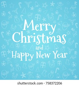 Merry Christmas - poster with hand drawn decorations and greetings. Vector.