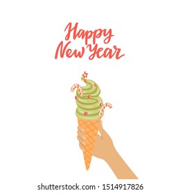 Merry Christmas poster. Hand holds green ice cream with star, berries, lollipops in cone. Hand drawn vector illustration with lettering. 