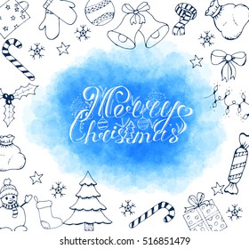 Merry Christmas poster with hand lettering and decoration elements. This illustration can be used as a greeting card, poster or print.