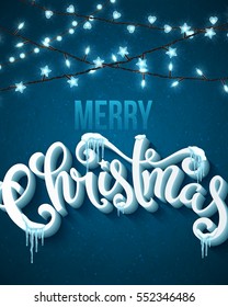 Merry christmas poster with hand-drawn lettering, vector illustration