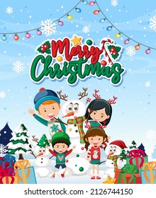 Merry Christmas poster with happy family illustration