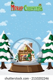 Merry Christmas poster with a house in snowdome illustration