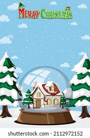 Merry Christmas poster with a house in snowdome illustration