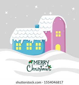 merry christmas poster with houses facades vector illustration design