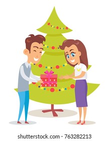 Merry Christmas poster husband giving present to adorable wife vector postcard on background of Xmas tree decorated by garland isolated on white