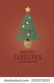 Merry christmas poster illustration with christmas tree. Festive Christmas Tree in Pot. Christmas tree with ornaments. Vector illustration