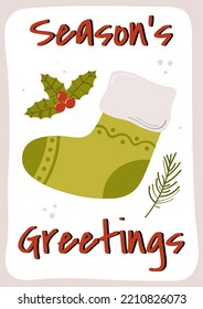 
Merry Christmas poster with an inscription and sock on a white background. Vector illustration.
