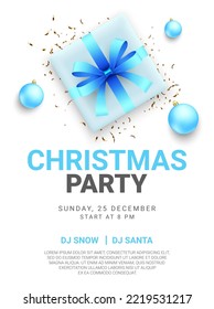 Merry Christmas poster invitation. Party invitation card design with realistic gift box, blue ball and gold confetti. Decorative ornament background. Vector illustration