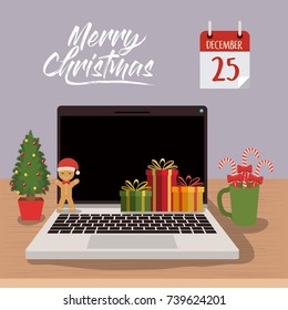 merry christmas poster with laptop computer scene in front view with christmas decoration vector illustration