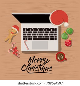 merry christmas poster with laptop computer scene in top view with christmas decoration and candies and cookies and chocolate cup vector illustration