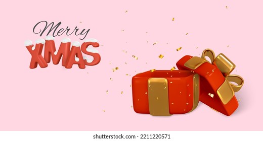 Merry Christmas poster. Open 3D realistic gift box with gold ribbon and bow. Vector illustration.