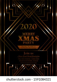 Merry Christmas poster for party with new year art deco line style gold color on black background for flyer, greeting card, invitation. Vector eps10. Elements are layers separately in vector file.