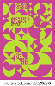 Merry Christmas poster pattern. Bauhaus-style geometric shapes. Color trends 2022 Acid Lime and Festival Fuchsia. Background design for card, banner, flyer, wallpaper, wall. Vector illustration.