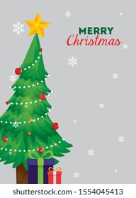 merry christmas poster with pine tree and gift boxes vector illustration design