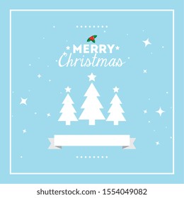 merry christmas poster with pine trees and ribbon vector illustration design