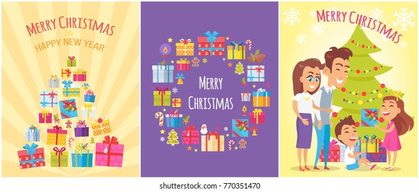 Merry Christmas poster with present boxes and New Year symbols as tree, candy stick, golden bell, gingerbread boy,frame from gifts, happy family