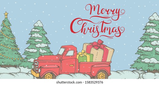 Merry Christmas. Poster with red car and snowy Christmas trees