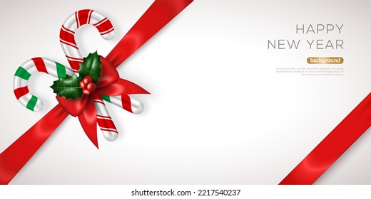 Merry Christmas poster, red ribbon bow border frame with holly tree leaves, bow and candycane. Vector illustration. Xmas voucher design, santa greeting card, invitation template. Winter decoration