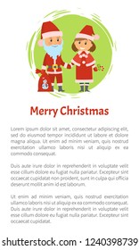 Merry Christmas poster, Santa Claus and helper in traditional costumes vector. Winter holidays characters with bag full of presents to kids, text sample