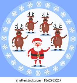 Merry Christmas poster with Santa Claus and deer. Holiday greeting card. Vector illustration