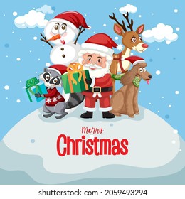 Merry Christmas poster with Santa Claus and friends illustration