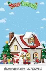 Merry Christmas poster with Santa Claus and animals illustration