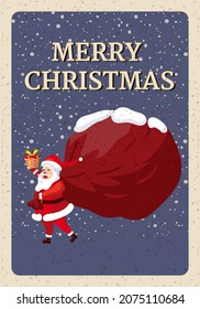 Merry Christmas poster, Santa Claus with big sack of gifts, retro invitation. Vector illustration vintage