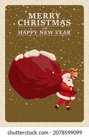 Merry Christmas poster, Santa Claus with big sack of gifts, retro invitation. Vector illustration vintage