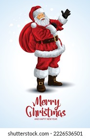 Merry Christmas poster. Santa Claus with big bag. Vector illustration.