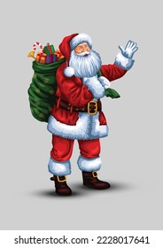 Merry Christmas poster. Santa Claus with big bag. Vector illustration.