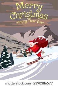 Merry Christmas poster Santa Claus skiing in snow mountains