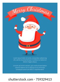Merry Christmas poster with Santa Claus in red costume and place for text vector illustration on blue background. Father Frost in Xmas suit with belt