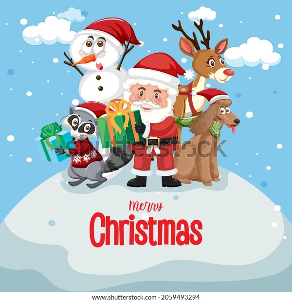 Merry Christmas Poster Santa Claus Friends Stock Vector Royalty Free