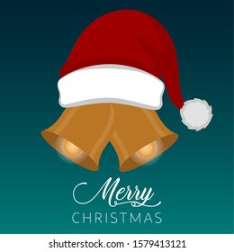 Merry christmas poster with a santa hat and christmas bells - Vector