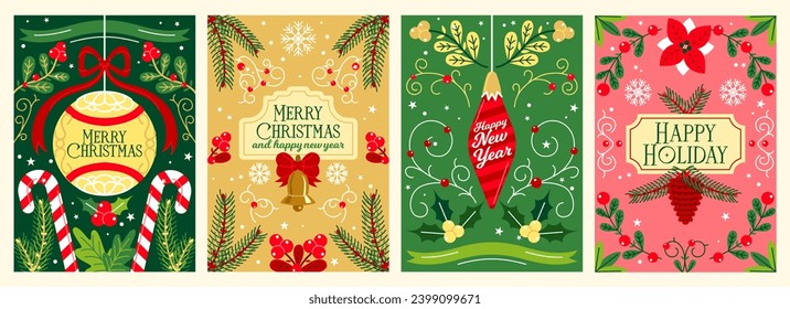 Merry Christmas Poster Set. Colorful greeting cards for celebrating Happy New Year. Postcards with Christmas tree toys and snowflakes. Cartoon flat vector illustrations isolated on beige background