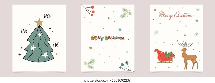 Merry Christmas poster set. Modern Happy New Year Cards. Templates for cover, banner, gifts, invitations, Xmas background. Simple Greeting decoration. Vector illustration.	